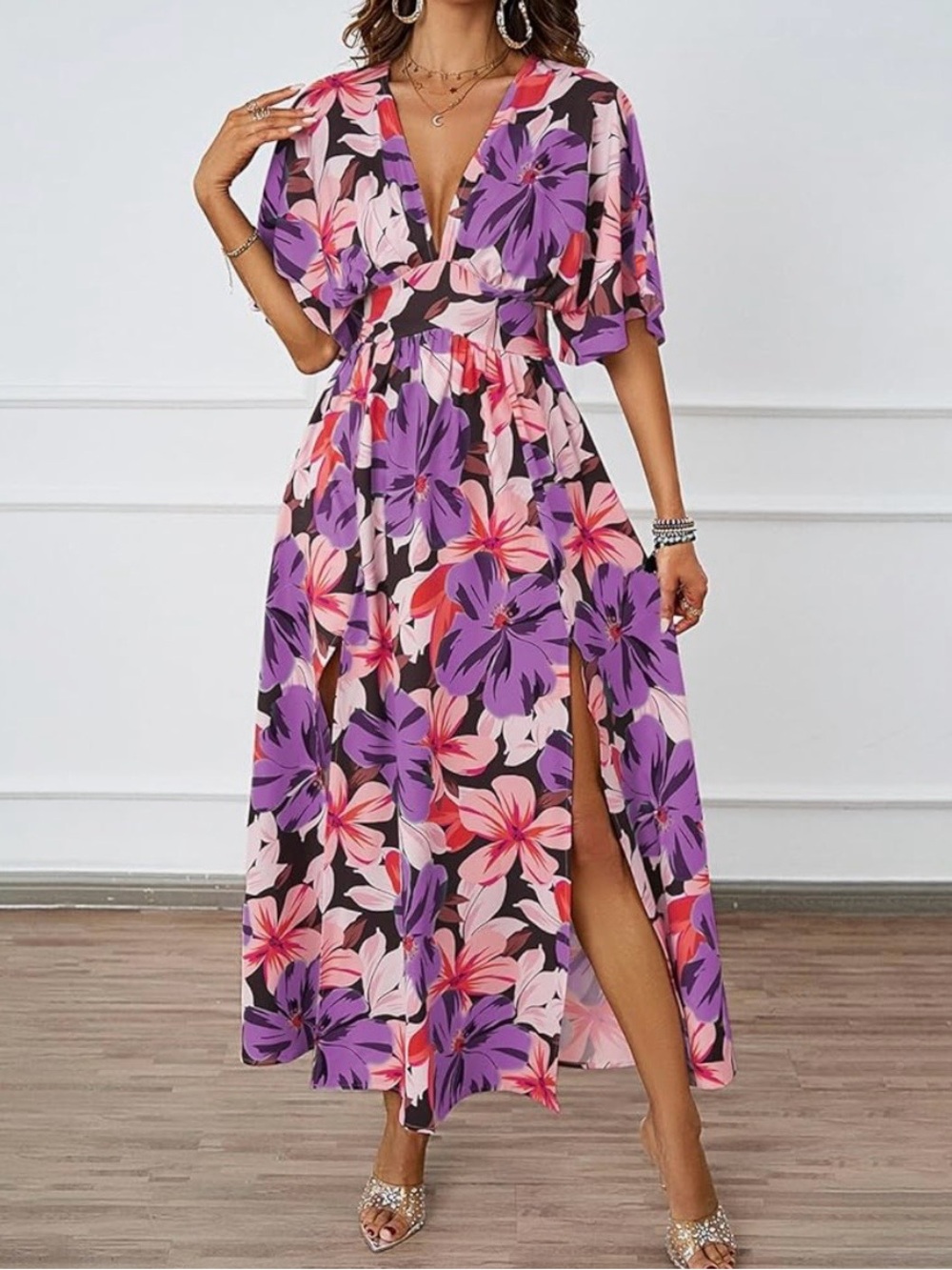 Pink Purple Floral Maxi Dress Women’s Large V-Neck Short Sleeve Boho